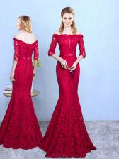 Top Selling Wine Red Off The Shoulder Neckline Lace Quinceanera Court of Honor Dress Half Sleeves Lace Up