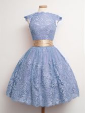  High-neck Cap Sleeves Quinceanera Court of Honor Dress Knee Length Belt Blue Lace