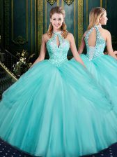  Aqua Blue Ball Gowns Beading and Pick Ups Vestidos de Quinceanera Lace Up Tulle Sleeveless Floor Length