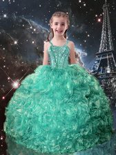  Sleeveless Floor Length Beading and Ruffles Lace Up Little Girls Pageant Dress Wholesale with Turquoise