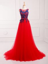 Clearance Red Empire Tulle Scoop Sleeveless Lace and Appliques Lace Up Homecoming Dress Brush Train