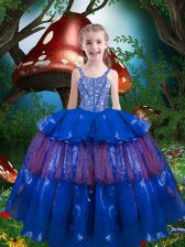  Sleeveless Lace Up Floor Length Beading and Ruffled Layers Little Girl Pageant Dress