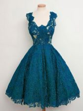Decent Teal A-line Lace Straps Sleeveless Lace Knee Length Lace Up Quinceanera Dama Dress
