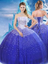  Ball Gowns Quinceanera Gowns Blue Strapless Tulle Sleeveless Floor Length Lace Up