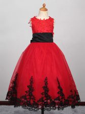 Perfect Tulle Bateau Sleeveless Lace Up Appliques Child Pageant Dress in Red