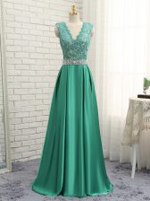 Cute Green Elastic Woven Satin Backless V-neck Sleeveless Floor Length Prom Dress Lace and Appliques