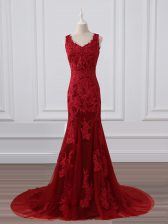  Sleeveless Lace and Appliques Zipper Homecoming Dress with Red Brush Train
