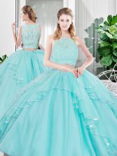  Two Pieces Quince Ball Gowns Aqua Blue Scoop Tulle Sleeveless Floor Length Zipper
