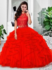 Captivating Halter Top Sleeveless Vestidos de Quinceanera Floor Length Lace and Ruffles Red Tulle