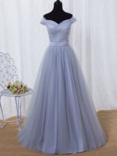  Lavender Lace Up Off The Shoulder Ruching and Belt Prom Dress Tulle Sleeveless