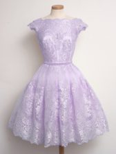 Spectacular Knee Length Lavender Quinceanera Dama Dress Lace Cap Sleeves Lace