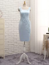  Light Blue Column/Sheath Lace and Appliques Prom Party Dress Zipper Satin Sleeveless Mini Length