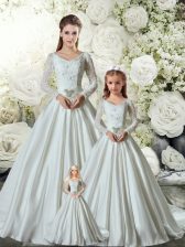 Ideal Long Sleeves Lace and Belt Lace Up Quinceanera Gowns with White Chapel Train