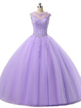 Fantastic Sleeveless Tulle Floor Length Lace Up Quinceanera Dress in Lavender with Beading and Lace