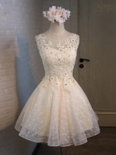  Sleeveless Organza and Lace Mini Length Lace Up Prom Gown in Champagne with Lace and Appliques and Belt