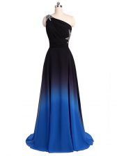  Sleeveless Brush Train Lace Up Beading and Ruching Prom Evening Gown