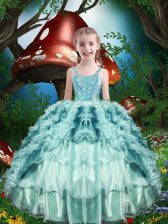 Luxurious Aqua Blue Ball Gowns Straps Sleeveless Organza Floor Length Lace Up Beading and Ruffles and Ruffled Layers Party Dress Wholesale