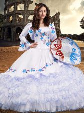  Floor Length Lace Up 15th Birthday Dress Baby Blue for Military Ball and Sweet 16 and Quinceanera with Embroidery and Ruffled Layers