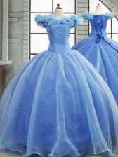 Fashionable Lace Up Ball Gown Prom Dress Light Blue for Military Ball and Sweet 16 and Quinceanera with Pick Ups Brush Train