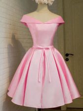 Great Pink Off The Shoulder Neckline Belt Quinceanera Dama Dress Cap Sleeves Lace Up
