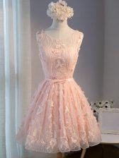  Pink Scoop Neckline Appliques and Belt Dress for Prom Sleeveless Lace Up