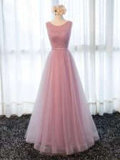  Floor Length Pink Prom Evening Gown Tulle Sleeveless Beading and Belt