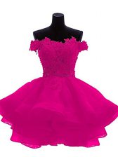  Mini Length Fuchsia Prom Dress Organza Sleeveless Beading and Lace and Appliques and Ruffles