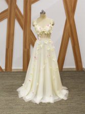 Tulle Straps Sleeveless Lace Up Hand Made Flower Prom Gown in Champagne