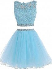 Comfortable Tulle Sweetheart Sleeveless Zipper Beading and Lace and Appliques Evening Dress in Aqua Blue