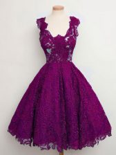 Enchanting Purple A-line Straps Sleeveless Lace Knee Length Lace Up Lace Dama Dress