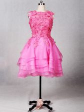 Discount Scoop Sleeveless Evening Dress Knee Length Lace and Appliques and Ruffled Layers Rose Pink Organza