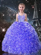  Blue Ball Gowns Organza Straps Sleeveless Beading and Ruffles Floor Length Lace Up Little Girl Pageant Gowns