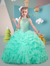  Hot Pink and Apple Green High-neck Lace Up Ruffles Little Girl Pageant Gowns Sleeveless