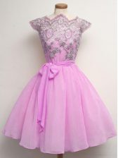 Trendy Knee Length A-line Cap Sleeves Lilac Dama Dress for Quinceanera Lace Up