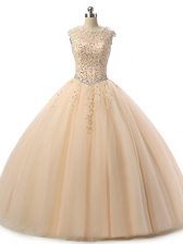 Deluxe Sleeveless Tulle Floor Length Lace Up Sweet 16 Dresses in Champagne with Beading and Lace
