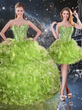  Olive Green Three Pieces Organza Sweetheart Sleeveless Beading Floor Length Lace Up 15th Birthday Dress