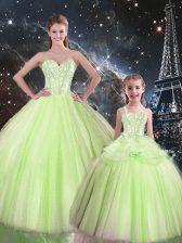 Yellow Green Ball Gowns Beading Quinceanera Gown Lace Up Tulle Sleeveless Floor Length