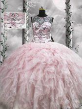 Flare Floor Length Zipper Sweet 16 Dresses Pink for Military Ball and Sweet 16 and Quinceanera with Beading and Ruffles
