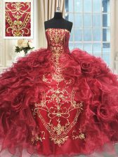 Fancy Wine Red Ball Gowns Appliques and Ruffles Quinceanera Gowns Lace Up Organza Sleeveless Floor Length
