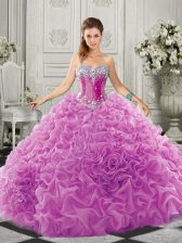  Lace Up Quinceanera Gown Lilac for Military Ball and Sweet 16 and Quinceanera with Beading and Ruffles Court Train