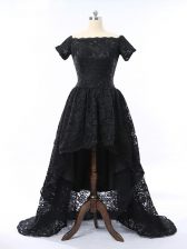 Cute Black Scalloped Neckline Lace Prom Dresses Short Sleeves Zipper