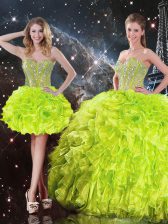 Latest Yellow Green Lace Up Quince Ball Gowns Beading and Ruffles Sleeveless Floor Length