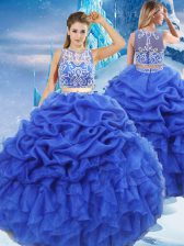  Royal Blue Organza Zipper Quinceanera Dress Sleeveless Floor Length Beading and Ruffles and Pick Ups