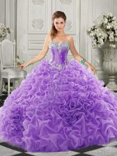  Sleeveless Organza Court Train Lace Up Sweet 16 Dress in Lavender with Beading and Ruffles