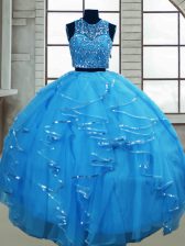 Fabulous Baby Blue Lace Up Vestidos de Quinceanera Beading and Ruffles Sleeveless Floor Length