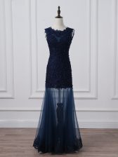  Navy Blue Lace Up Scoop Lace and Appliques Dress for Prom Tulle Sleeveless