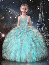 Latest Sleeveless Organza Floor Length Lace Up Party Dress Wholesale in Aqua Blue with Beading and Ruffles