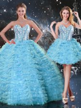 Amazing Aqua Blue Sleeveless Floor Length Beading and Ruffled Layers Lace Up Sweet 16 Quinceanera Dress