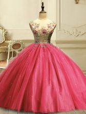 Beautiful Coral Red 15 Quinceanera Dress Military Ball and Quinceanera with Appliques and Sequins Scoop Sleeveless Lace Up