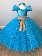 Discount Sequins and Belt Flower Girl Dresses for Less Baby Blue Zipper Cap Sleeves Floor Length